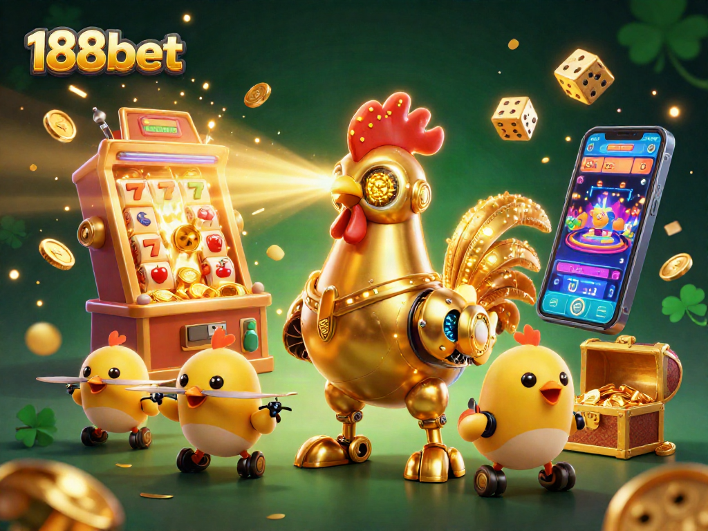 Experience the excitement of 188bet casino games in this vibrant, dynamic 3D scene featuring laser-shooting robots.
