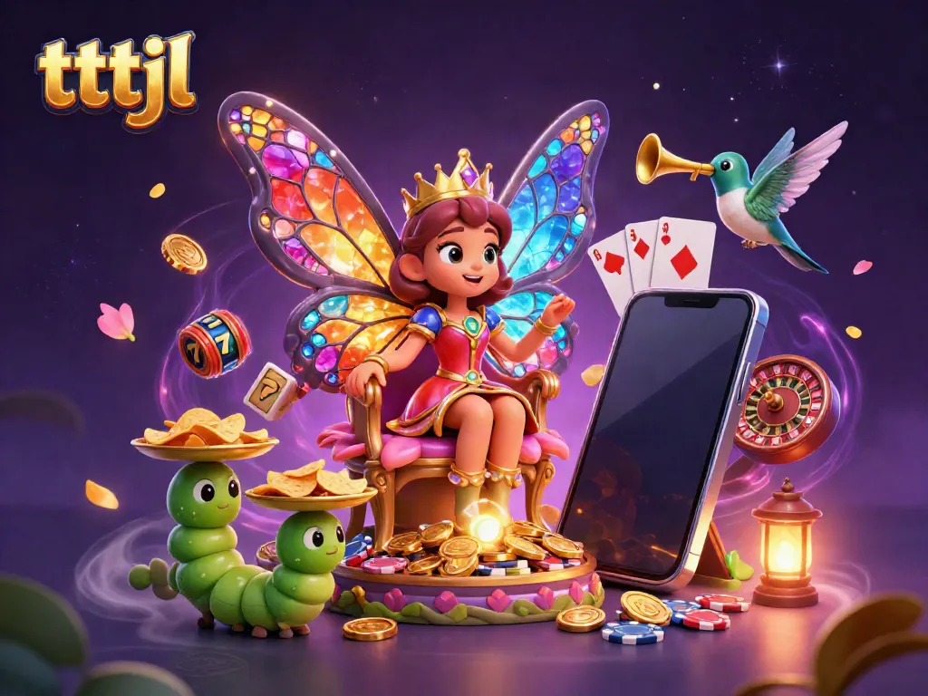 Experience the vibrant tttjl casino with a whimsical butterfly queen and dazzling slot game elements.