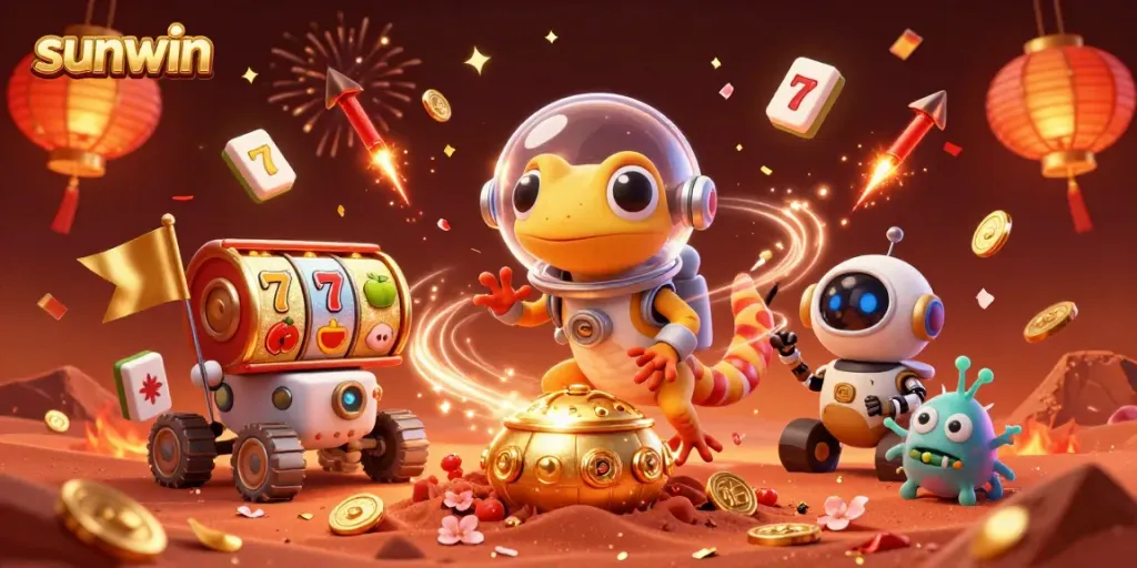 Engage with the vibrant sunwin casino scene featuring a Martian gecko discovering slots and jackpots.