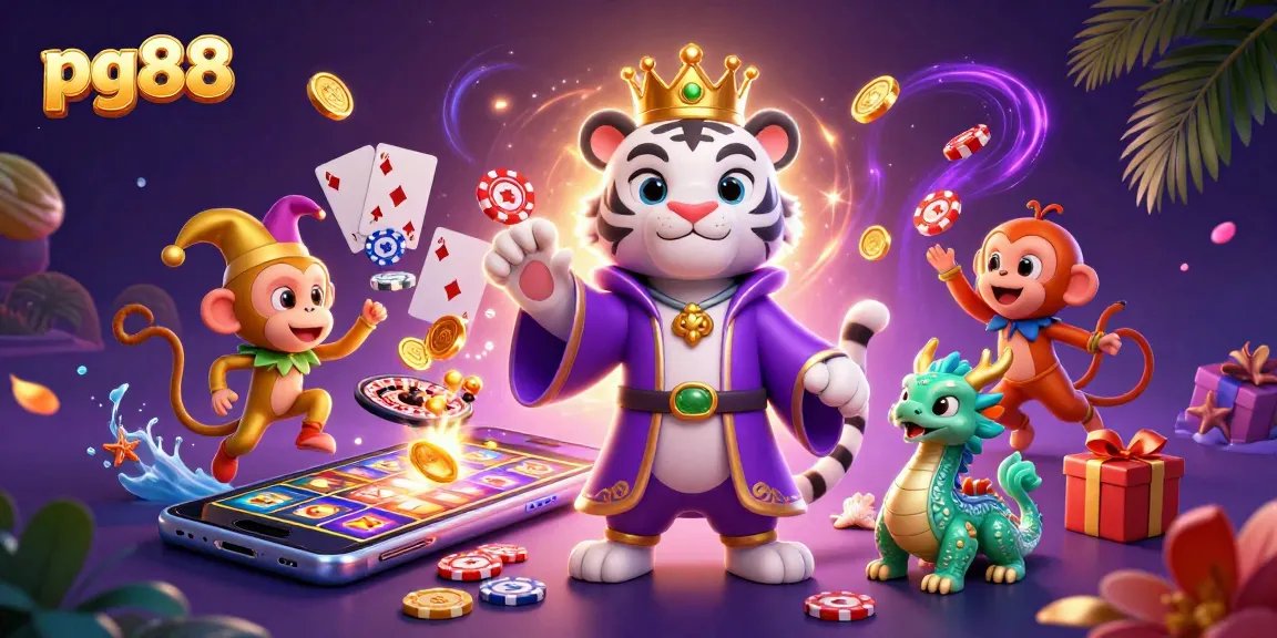 Experience thrilling gameplay at pg88 with a captivating tiger and juggling monkey illustration.
