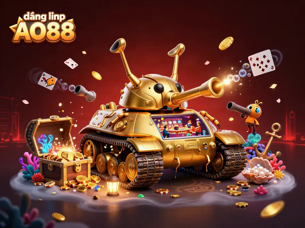 Engage with đăng nhập AO88 at a vibrant online casino inside a golden tank, rich with gaming treasures.