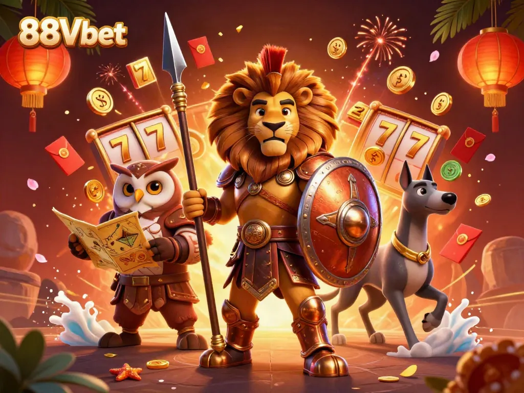 Experience the excitement of 88Vbet with a dynamic casino scene featuring a Spartan lion, owl strategist, and greyhound messenger.
