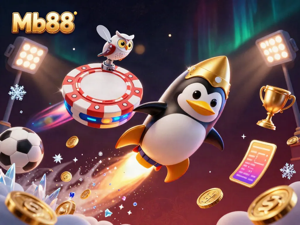 Engage with Mb88 at a dynamic casino space, featuring a golden penguin and sports elements.