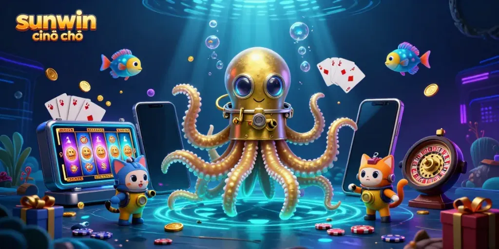Play vibrant casino games with sunwin chính chủ, featuring a kraken, diving cat, and captivating underwater scene.