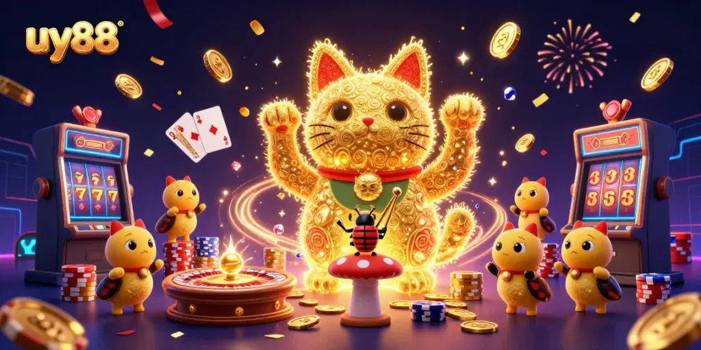 Experience the excitement of uy88's gambling world with a vibrant lucky cat and swirling casino symbols.