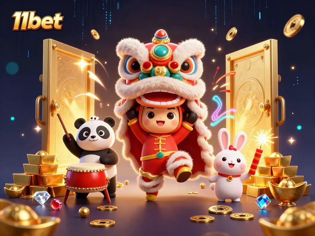 Experience excitement with 11bet at a vibrant casino-themed festive scene featuring a lion dance and treasures.