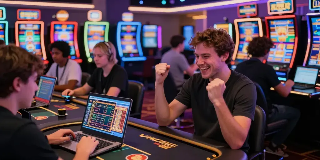 Players enjoying online gambling at VIN88, celebrating wins and studying bets in a vibrant casino atmosphere.