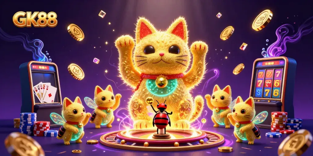Experience GK88's vibrant casino scene with golden fireflies, lucky cat, and dazzling game elements.