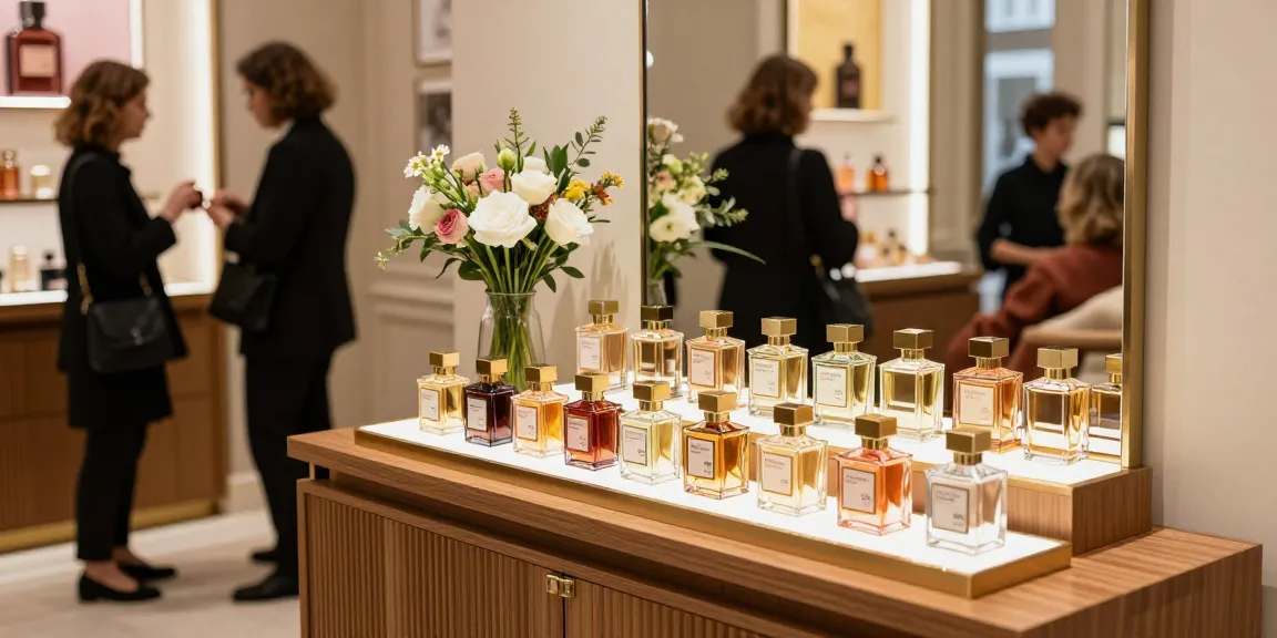 Maison Francis Kurkdjian (MFK) luxury perfume display in elegant boutique setting.