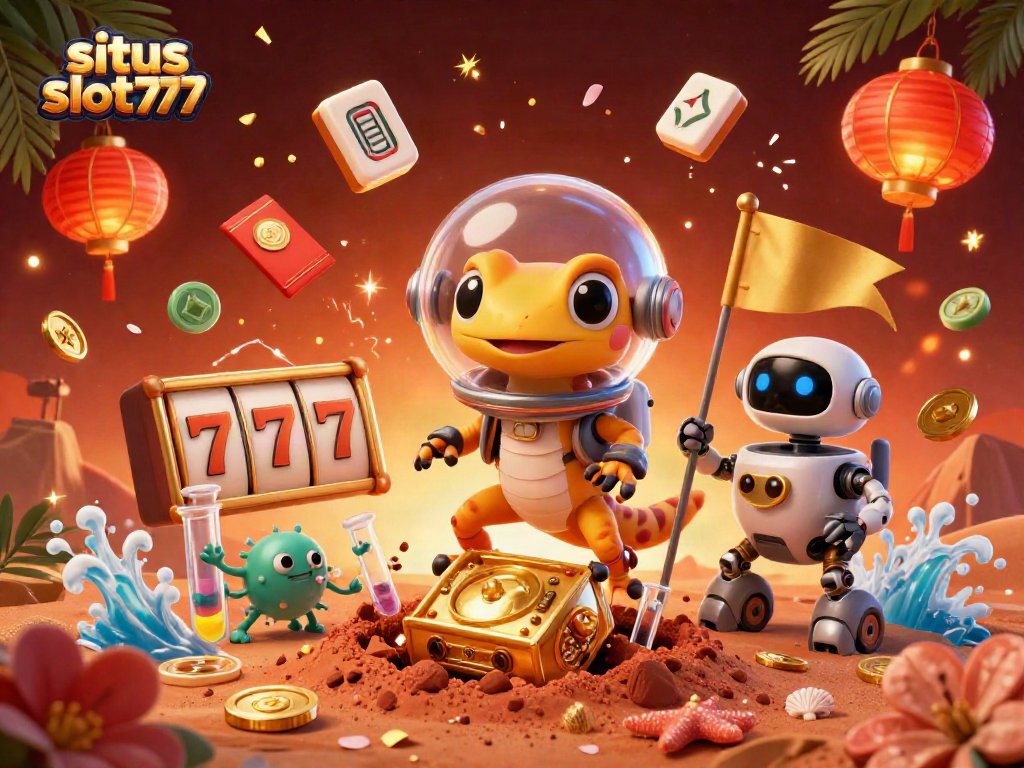 Engage with situs slot777 in an immersive 3D casino scene featuring a Martian gecko and vibrant elements.
