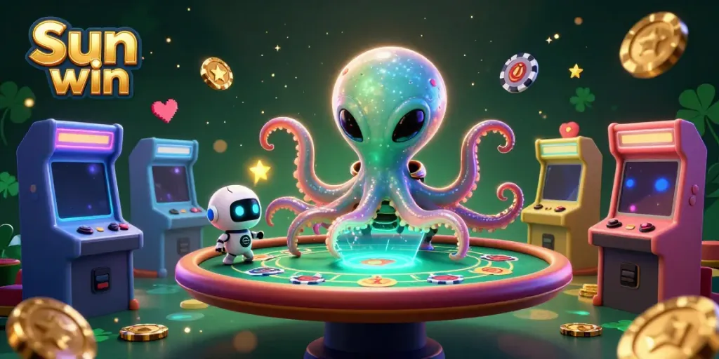 Engage with Sun win featuring an alien octopus and robot at a holographic poker table amidst vibrant casino elements.