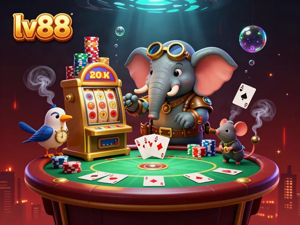 Experience the excitement of lv88 as a steampunk elephant operates a golden slot machine in a vibrant casino scene.