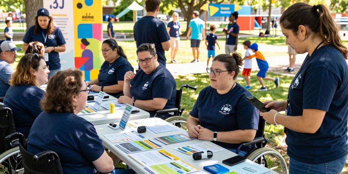 Community members discussing accessibility resources during DRAGON222 event in a sunny park setting.