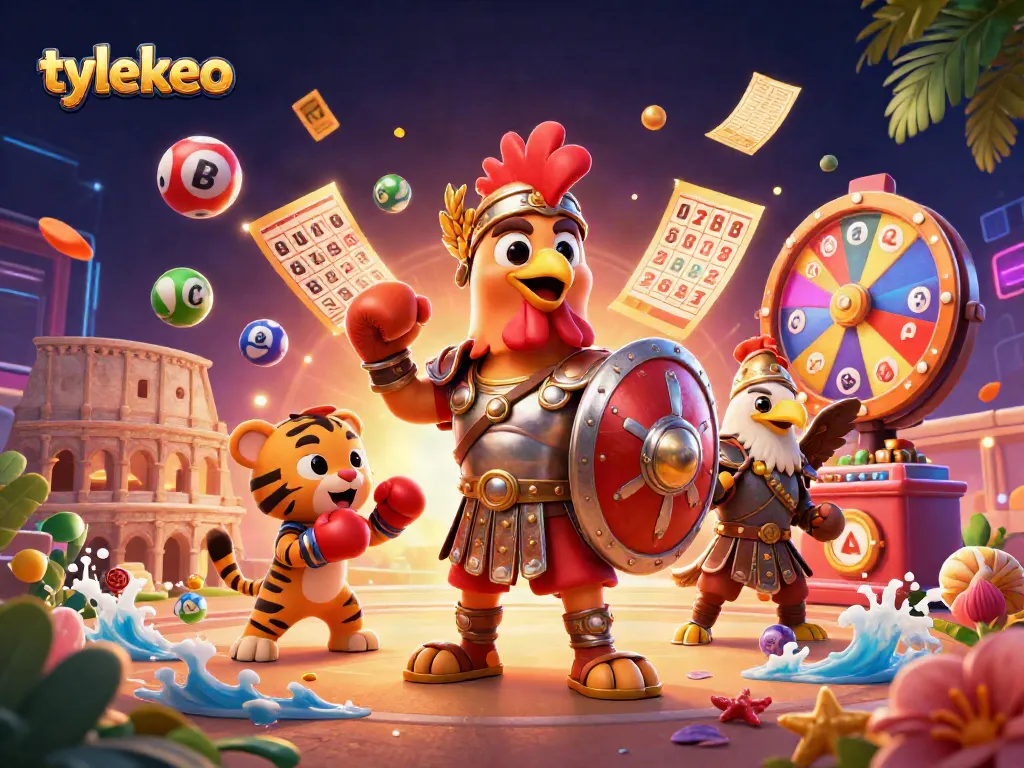 Engage with the exhilarating vibe of tylekeo, showcasing a cartoon gladiator rooster in a dynamic gambling arena.