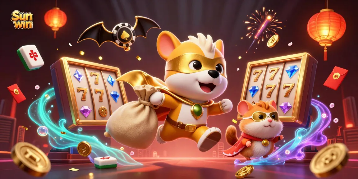 The Sun win superhero dog flies through a vibrant casino world filled with luck symbols and gold coins.