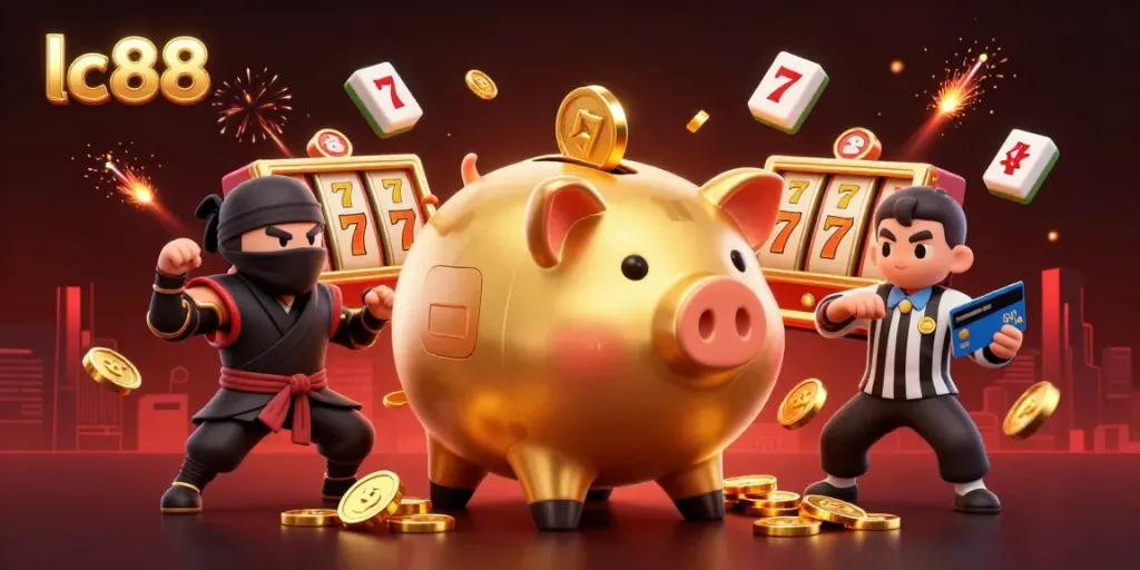 Experience thrilling gameplay at lc88 with dynamic characters, slot reels, and vibrant decorations.
