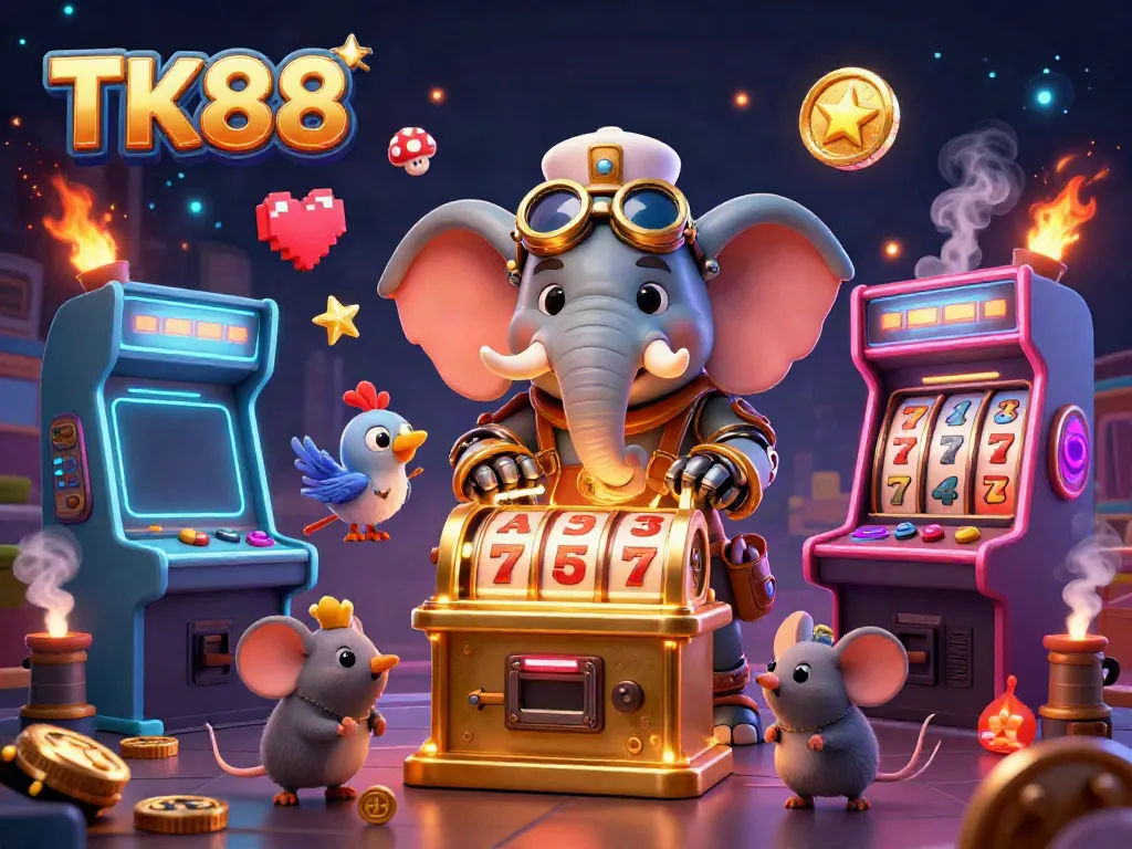 Experience the excitement at TK88 with a vibrant 3D scene depicting a steampunk elephant operating a golden slot machine amidst a colorful arcade backdrop.