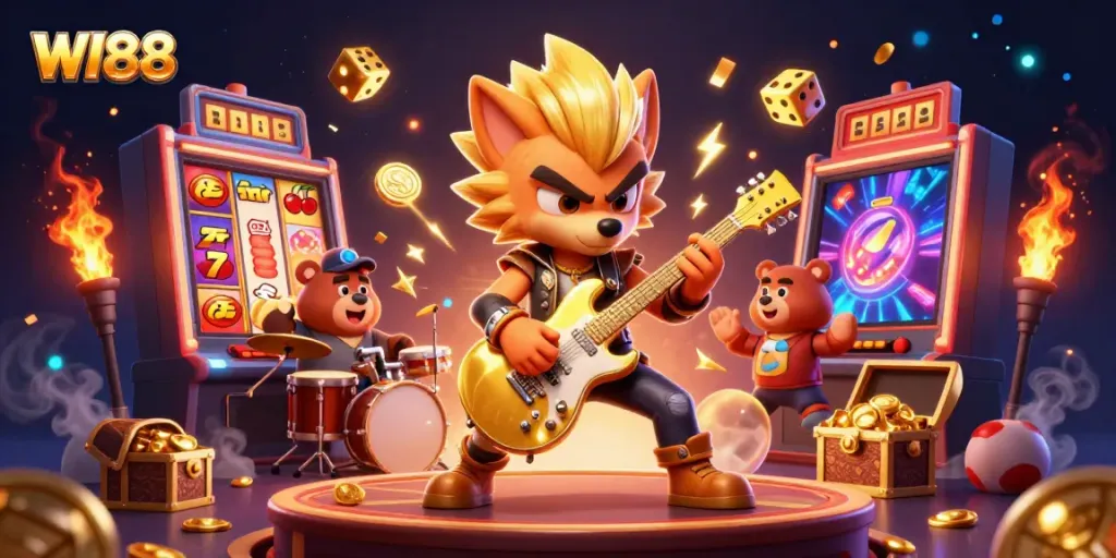 Experience WI88's vibrant casino atmosphere with cartoon rock star wolf, jackpot machine, and dynamic symbols