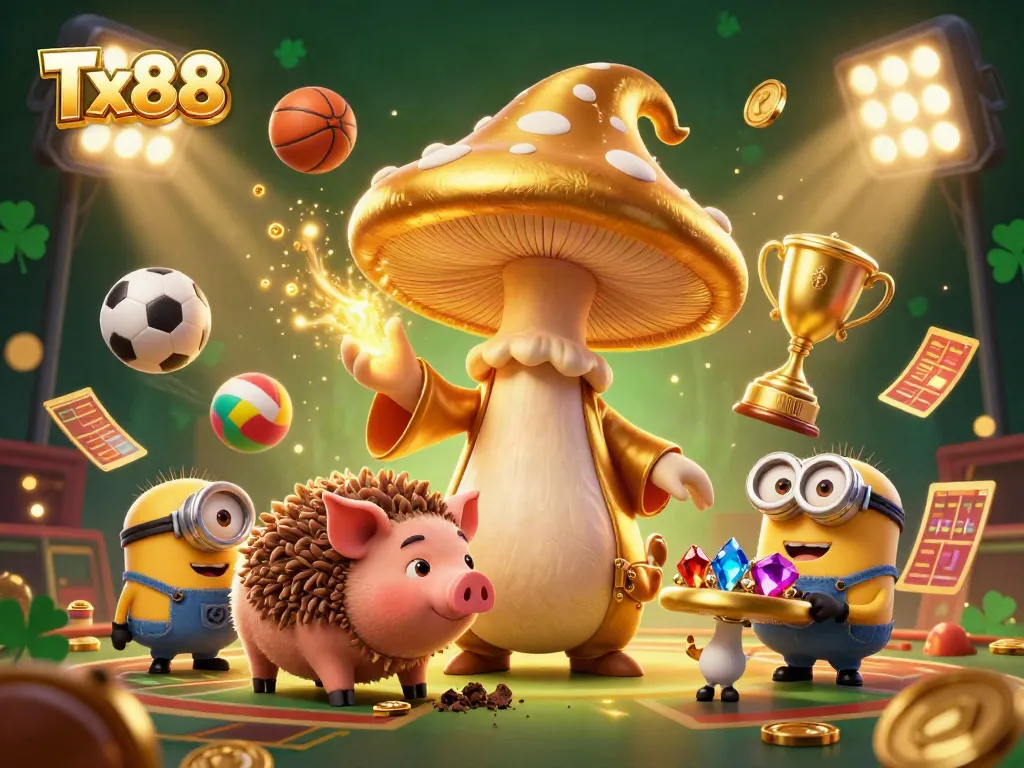 Experience the thrilling casino adventure with Tx88 as golden treasures and sports action unfold in a magical 3D scene.