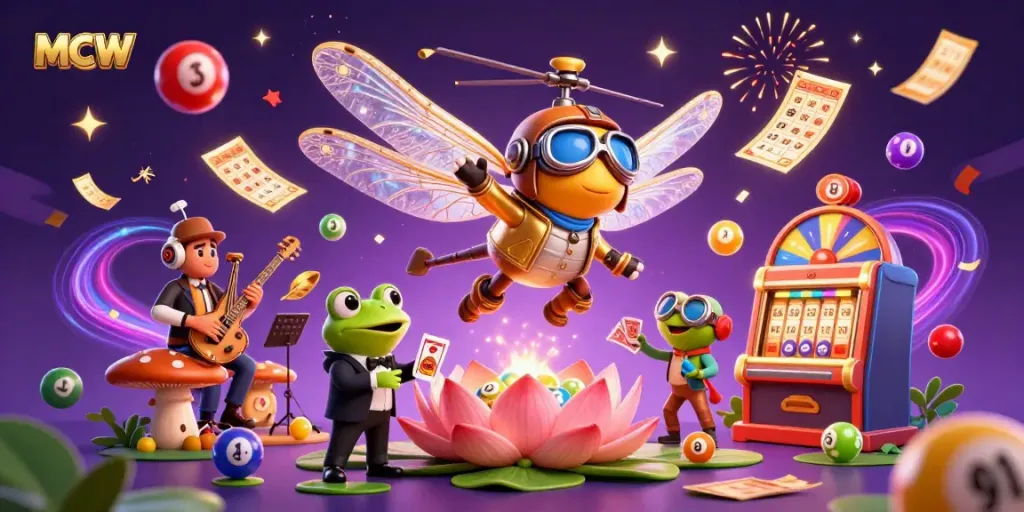 Win big with MCW at a vibrant lily pad casino with a frog dealer and cricket musicians.