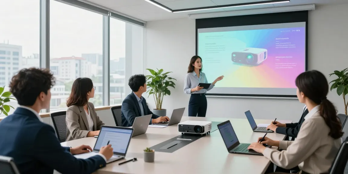Projector installation solutions presented in a corporate meeting room, showcasing team collaboration and modern technology.