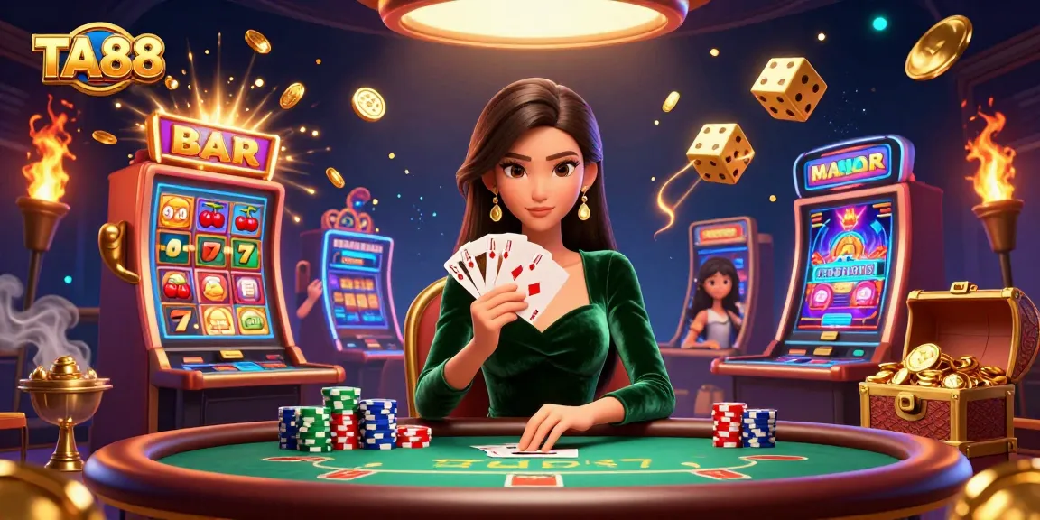 Play poker at TA88 with a beautiful Asian woman in an emerald dress at a luxury casino table.