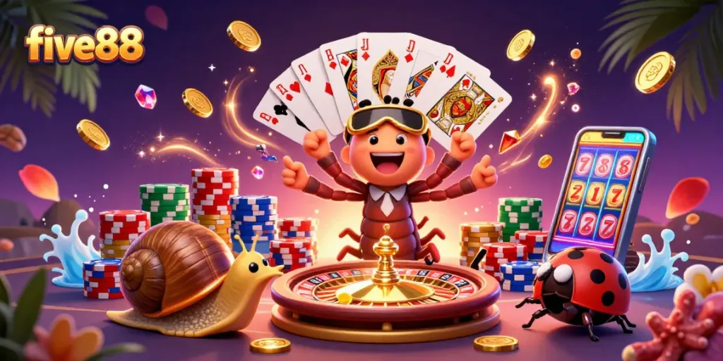 Experience excitement at five88 with a vibrant casino scene showcasing a 3D cartoon millipede dealer and high-roller snail amidst cascading coins.