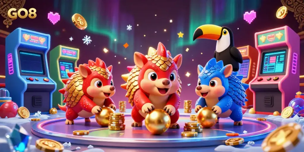 GO8 pangolins compete while bowling through poker chips in vibrant casino-themed illustration.
