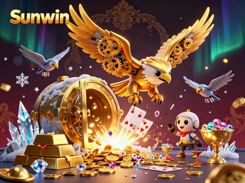 Engaging Sunwin illustration showcasing a golden eagle diving through holographic playing cards amidst gleaming treasures.