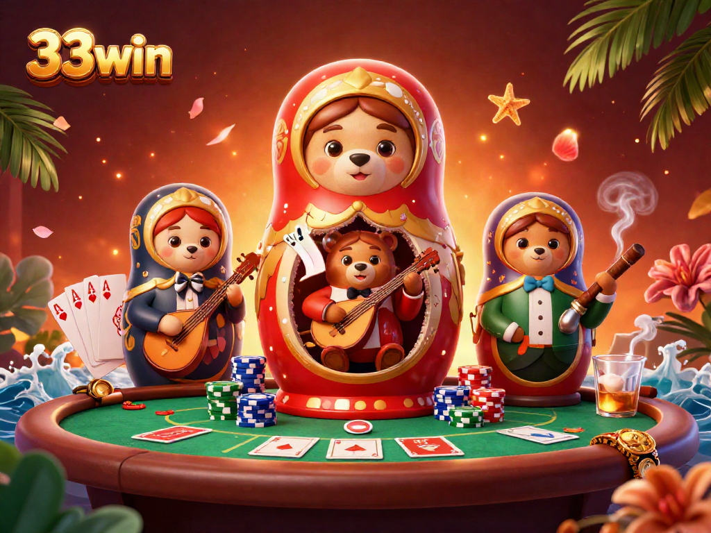 Experience the thrill of casino magic with 33win's vibrant 3D cartoon illustration full of unforgettable characters.