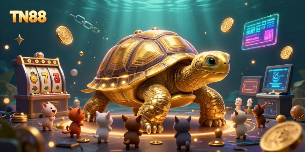 Play exciting games at TN88 with a golden tortoise pinball machine and slot symbols.