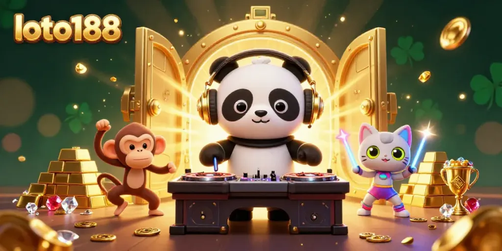 Experience exciting gaming with loto188 as a DJ panda spins winning roulette wheels and treasures burst forth.