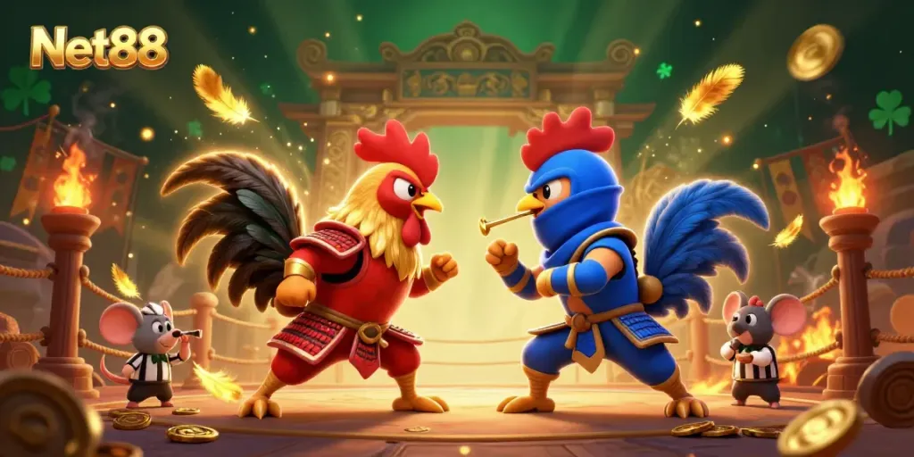 Encounter thrilling action at Net88 with dynamic roosters in a dramatic standoff, showcasing engaging gambling elements.