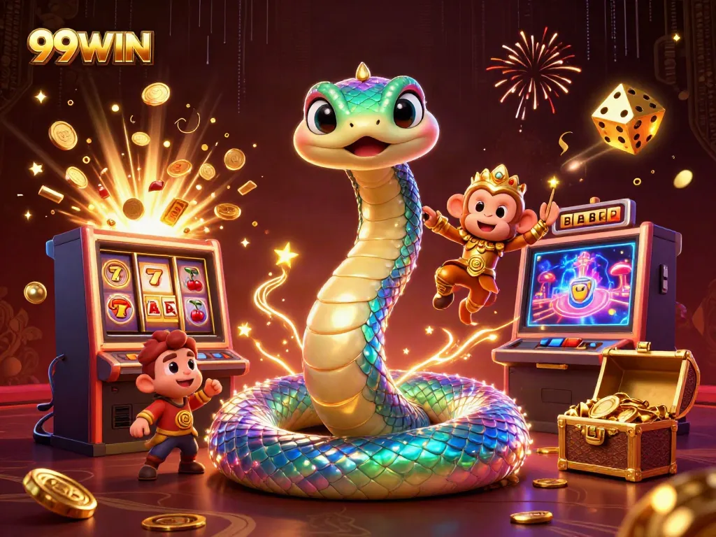 Experience thrilling jackpots and vibrant gameplay with 99WIN's colorful casino scene featuring dynamic characters.