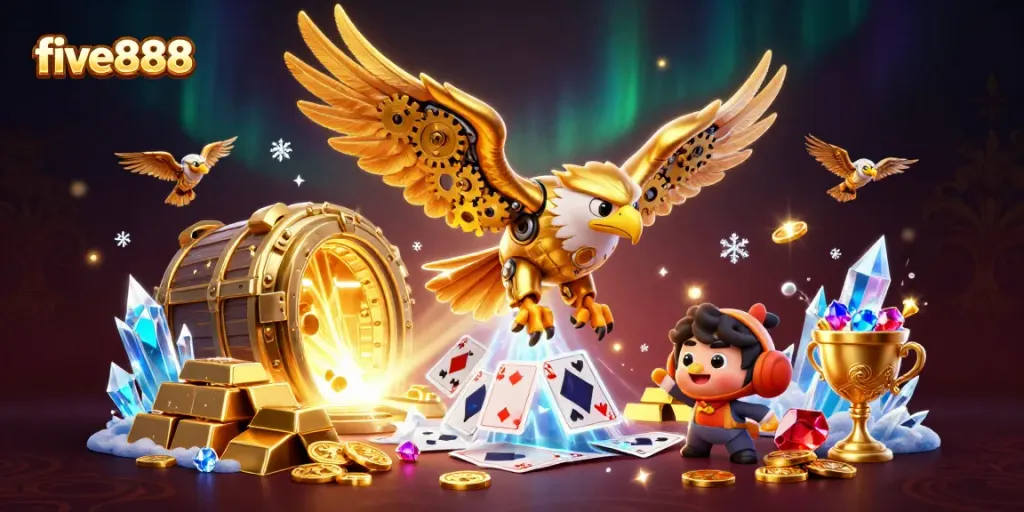 Experience the thrill of gameplay at five888, featuring dynamic 3D characters, casino elements, and vibrant visuals.