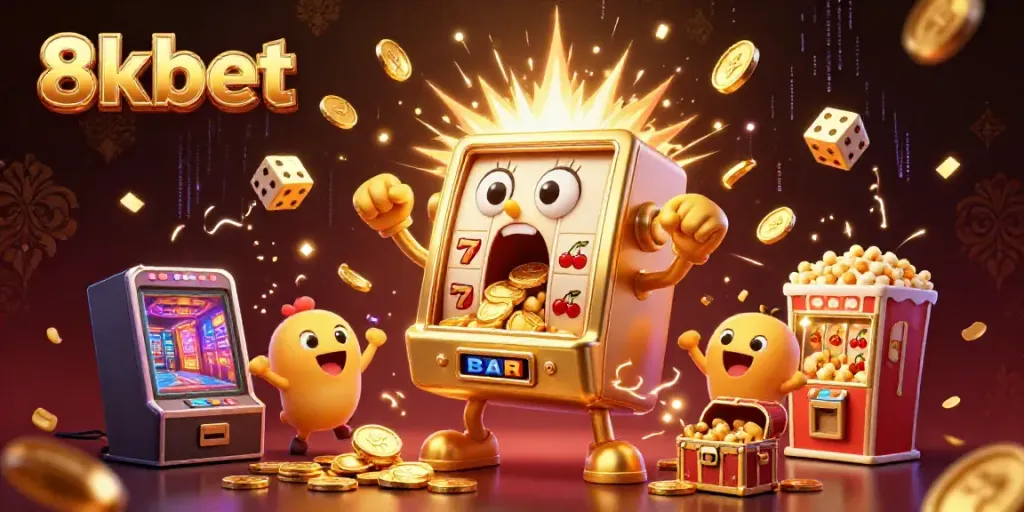 Experience the excitement at 8xbet with an animated slot machine hitting a jackpot surrounded by festive gaming elements.