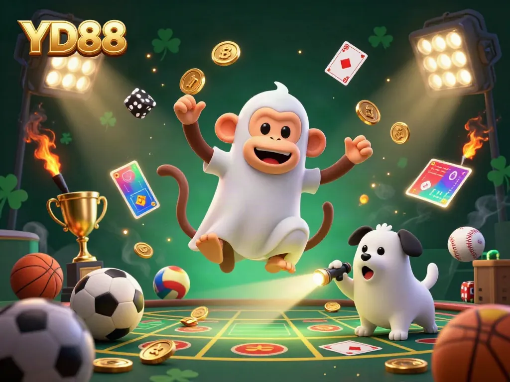 Experience the thrilling world of YD88 with a playful poltergeist monkey and a curious puppy in a vibrant casino.