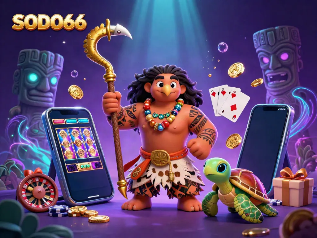 SODO66 features a lively casino scene with a Polynesian demigod hawk and turtle surrounded by gaming elements.