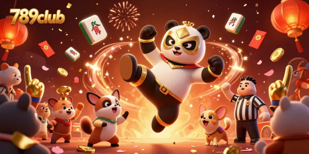 Engage in vibrant gaming with 789club, illustrated in a circus-like atmosphere featuring a panda wrestler.