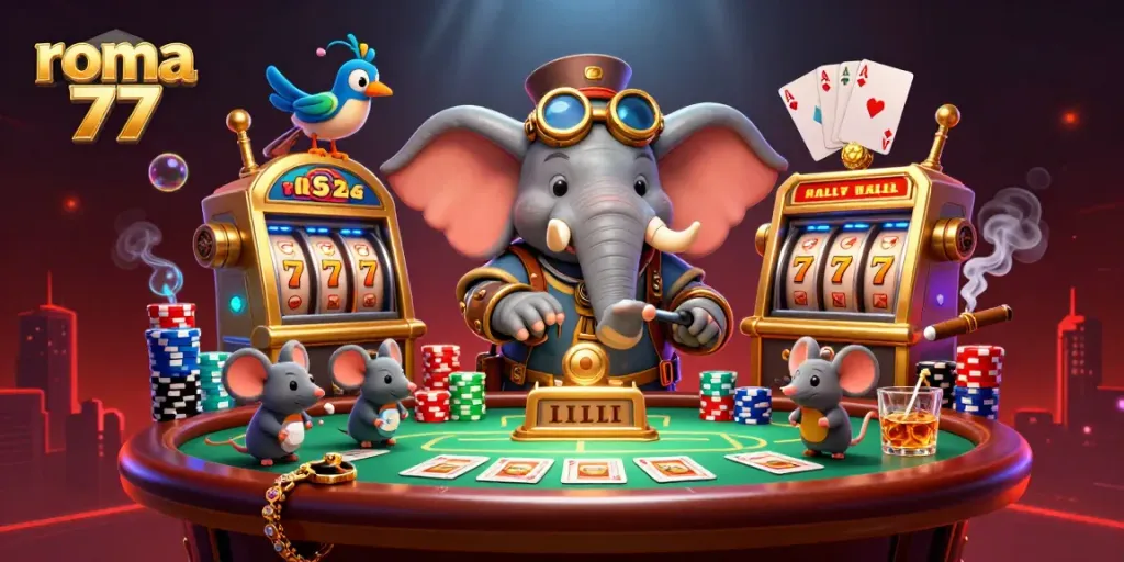 Experience the excitement of roma 77 with a vibrant steampunk casino scene featuring slot machines and poker.