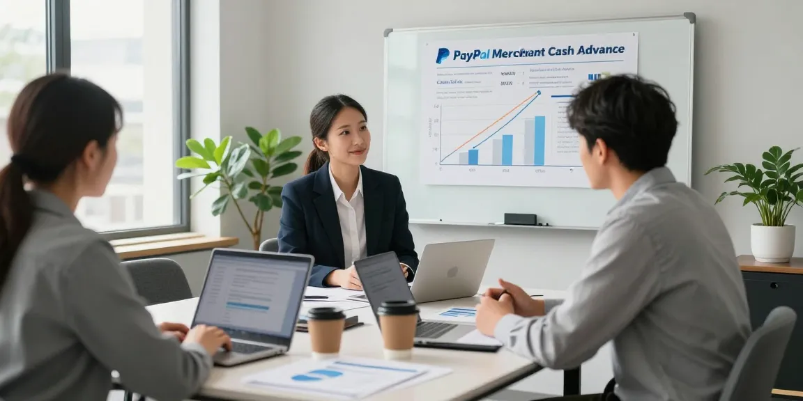Business meeting discussing PayPal merchant cash advance for small business funding.