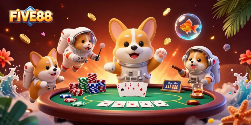 Engage in epic gaming adventures at FIVE88 with dynamic characters and vibrant casino elements.