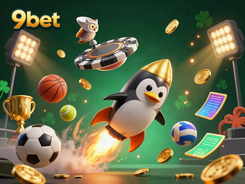 Experience the thrilling world of 9bet with a golden penguin racing to a casino station, featuring exciting sports elements.
