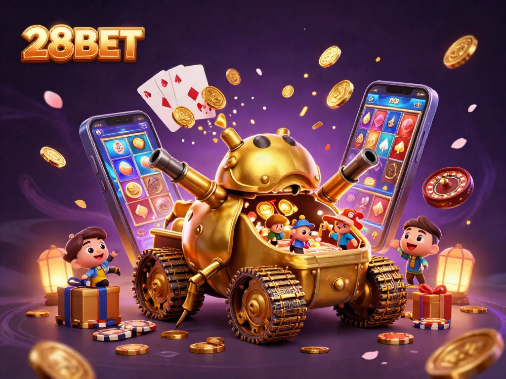 Engage with 28BET's dynamic casino scene featuring a golden beetle tank and rich gaming elements.