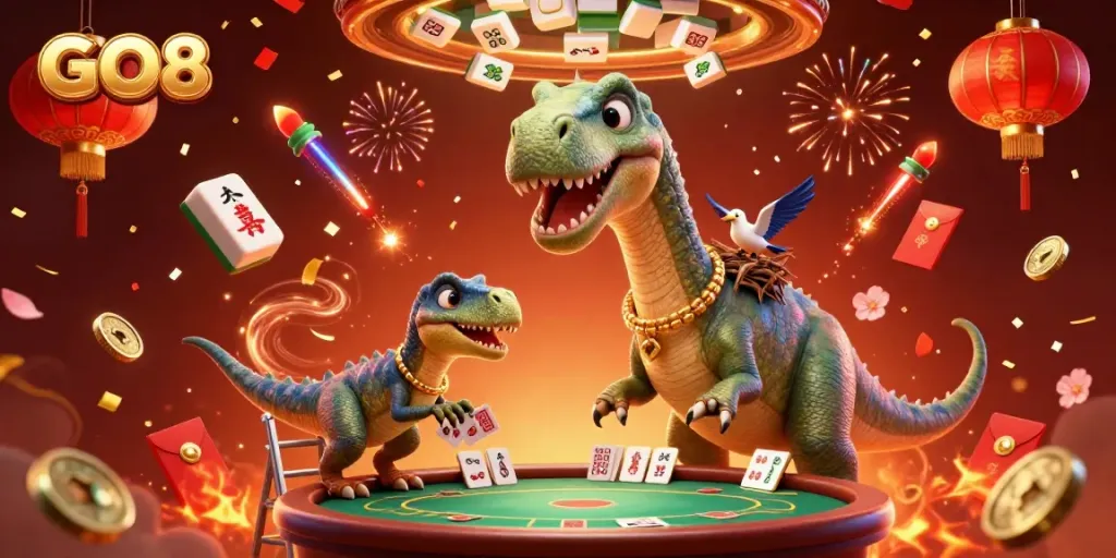 Engage with GO8's vibrant casino experience featuring card dealing dinosaurs and festive elements.