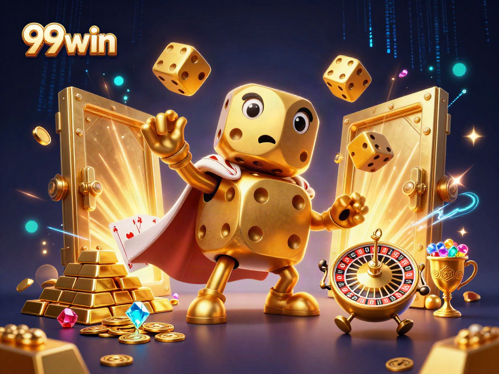 Experience the thrill of 99win with iconic golden dice and gemstones in a vibrant casino scene.