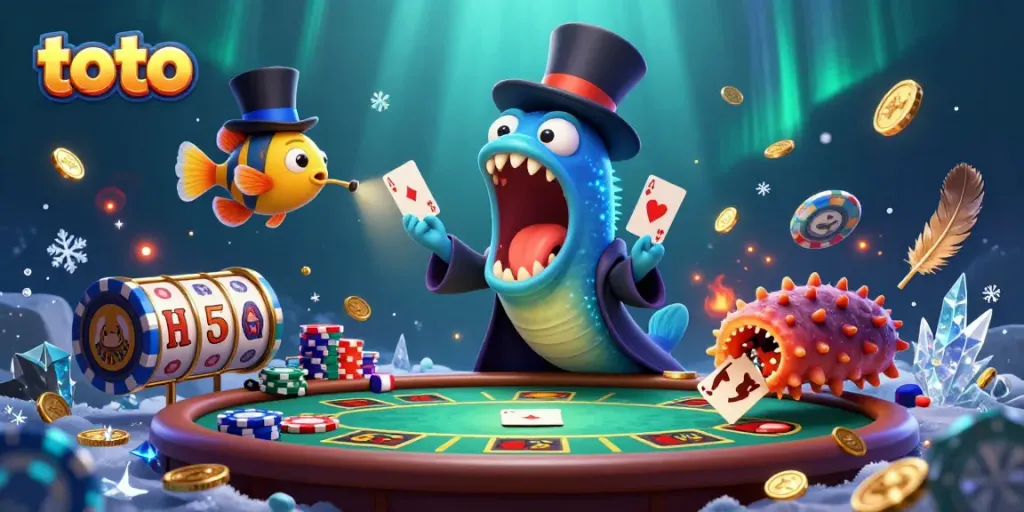 Engage in thrilling toto card magic with a deep-sea creature show, showcasing vibrant casino elements.