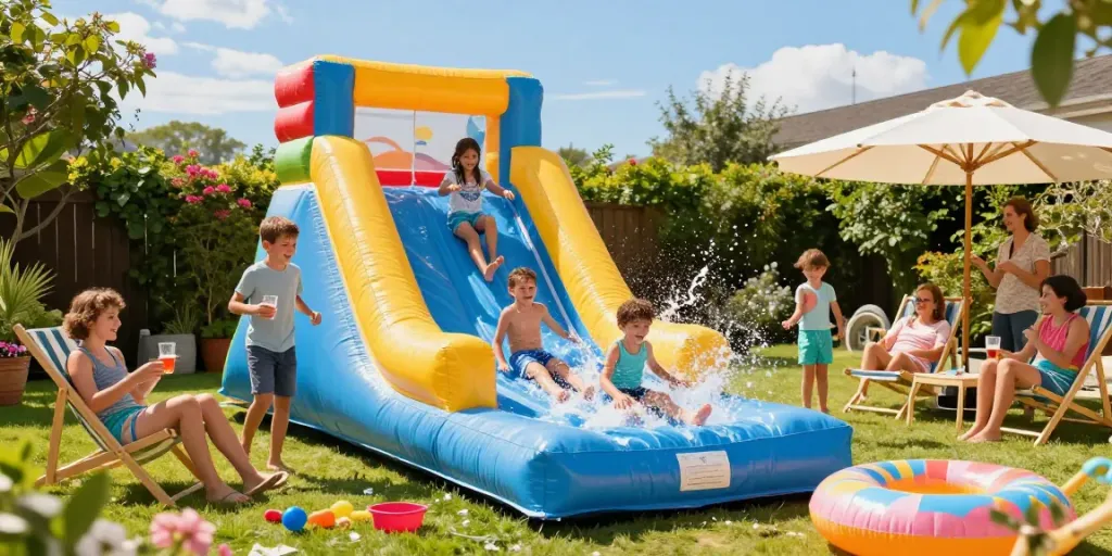 Children enjoying a colourful inflatable water slide in a bright summer backyard.