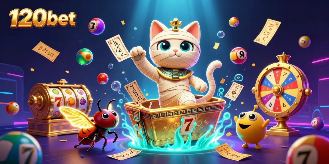 Experience thrilling games at 120bet with a captivating scene featuring a mummy cat and dynamic lottery elements.