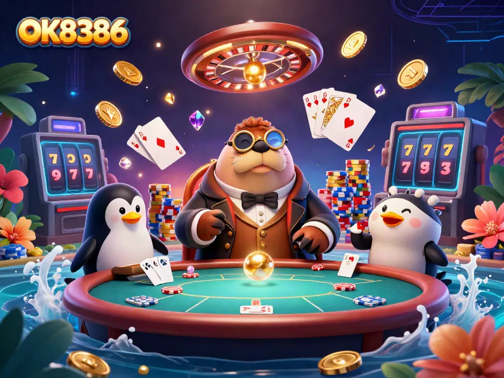 Play poker with OK8386's jolly walrus, penguin dealer, and pufferfish in a vibrant underwater casino scene.
